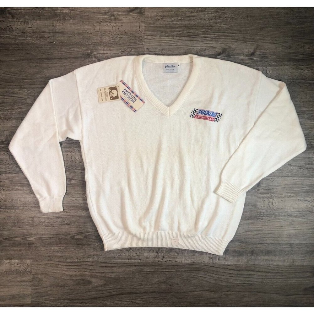 VTG DEADSTOCK Rare Velva Sheen Ivory Cream Snickers Racing V-Neck Sweater Sz XL